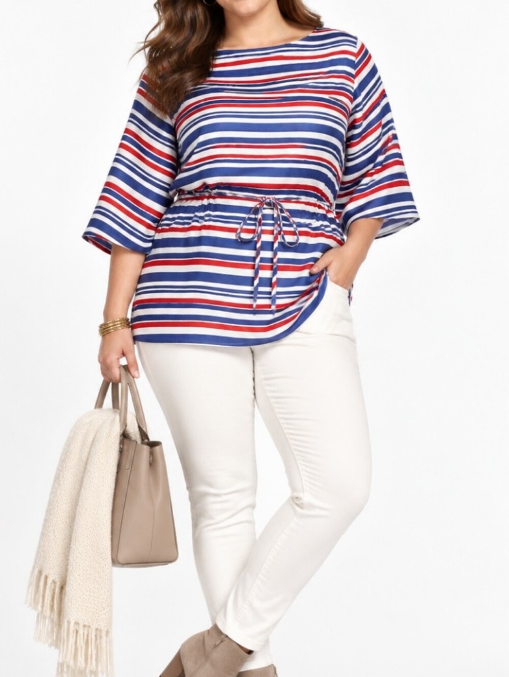 Lauren Ralph Lauren Nautical Striped Belted Tunic Top Red White Blue Plus Chic